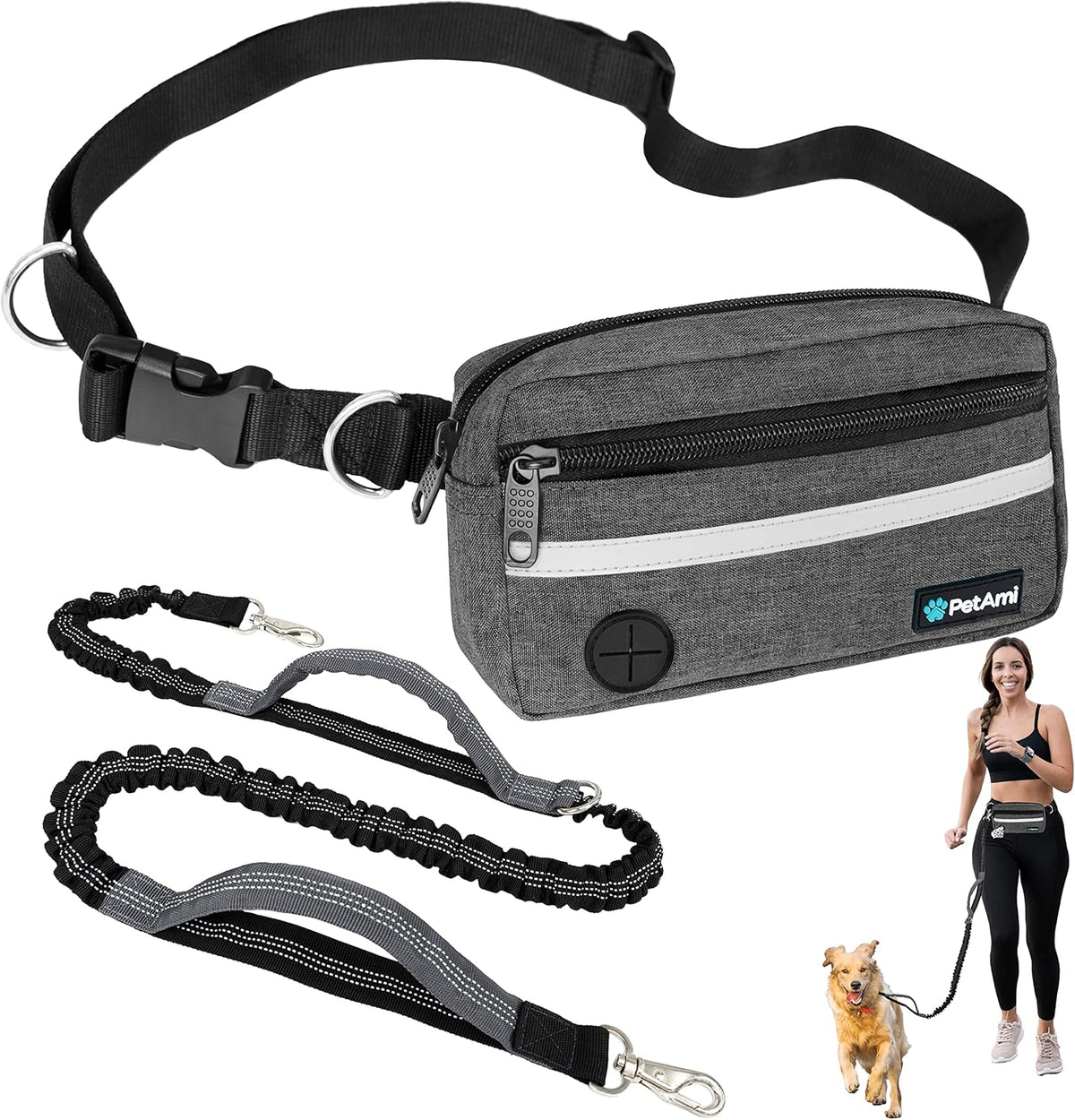 PetAmi Hands Free Dog Leash, Dog Running Leash Belt for Walking, Jogging, Dog Waist Zipper Pouch