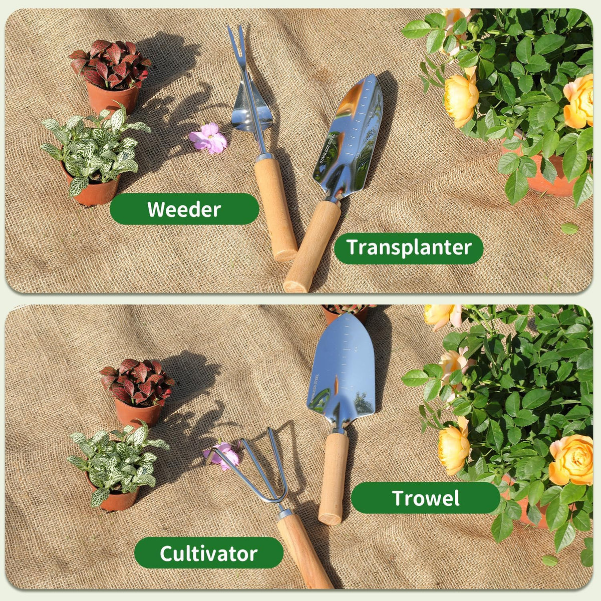 Gardening Tools 10-Piece Heavy Duty Stainless Steel Hand Tools with Durable Garden Tools Storage