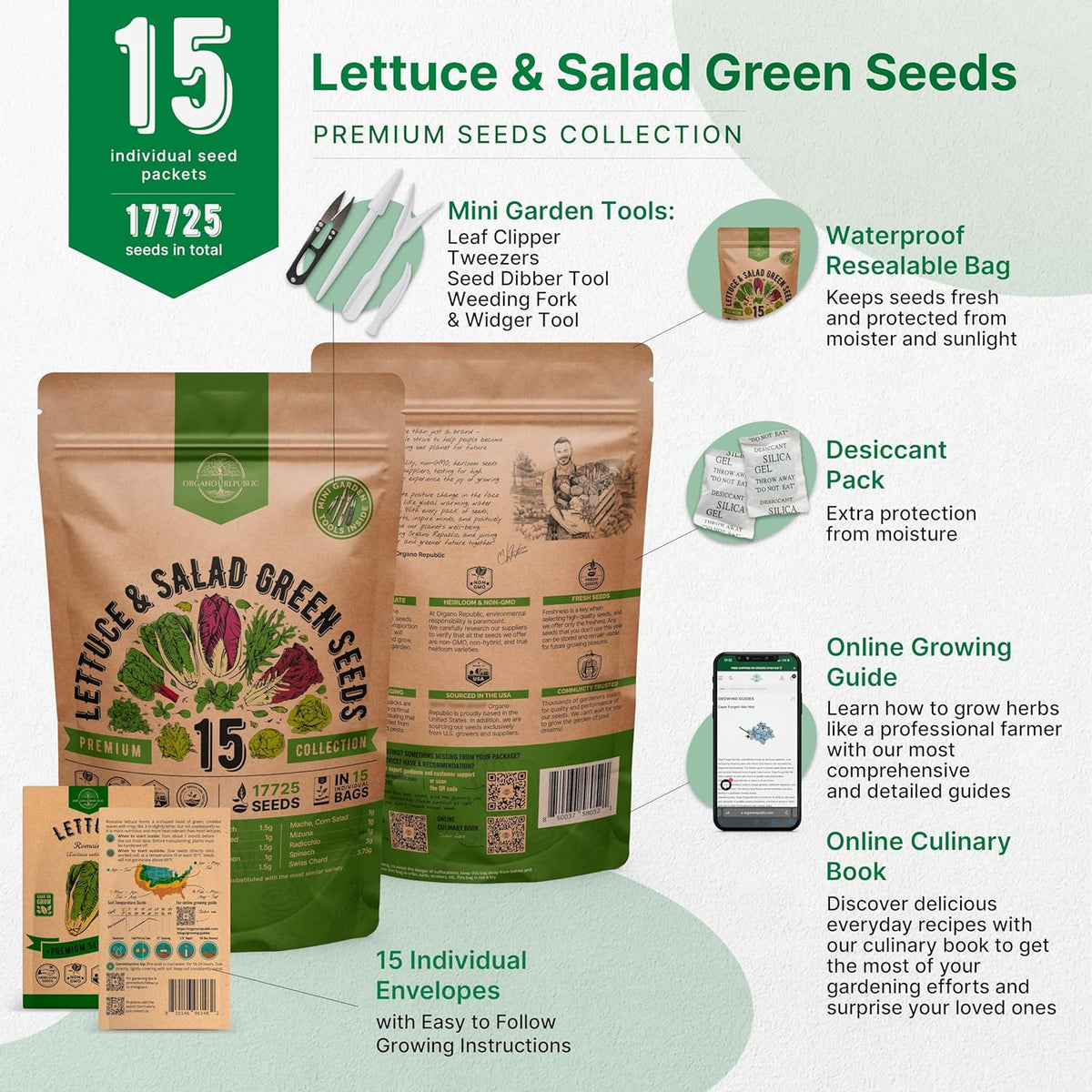 Organo Republic 15 Lettuce & Salad Greens Seeds Variety Pack 17700+ Non-GMO Heirloom Lettuce Seeds