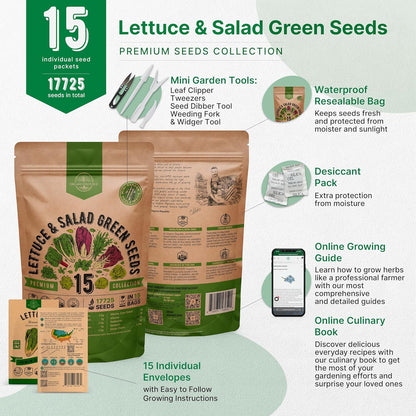 Organo Republic 15 Lettuce & Salad Greens Seeds Variety Pack 17700+ Non-GMO Heirloom Lettuce Seeds