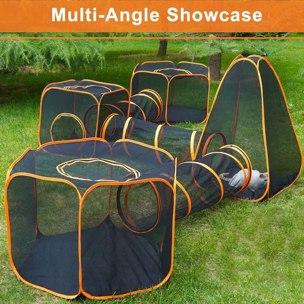 7 in 1 Outdoor Cat Enclosure, Foldable Pop-Up Mesh Playpen Tunnel for Pet Run, Foldable Outside