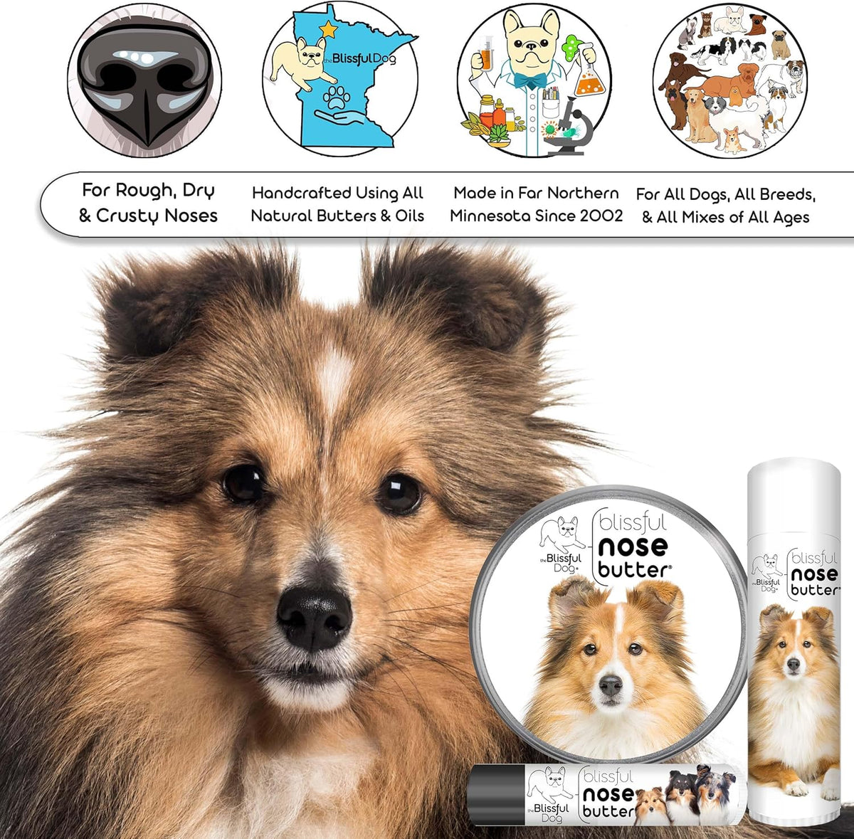 The Blissful Dog Shetland Sheepdog Nose Butter for Dry, Cracked Skin, Lick-Safe Dog Nose Balm with