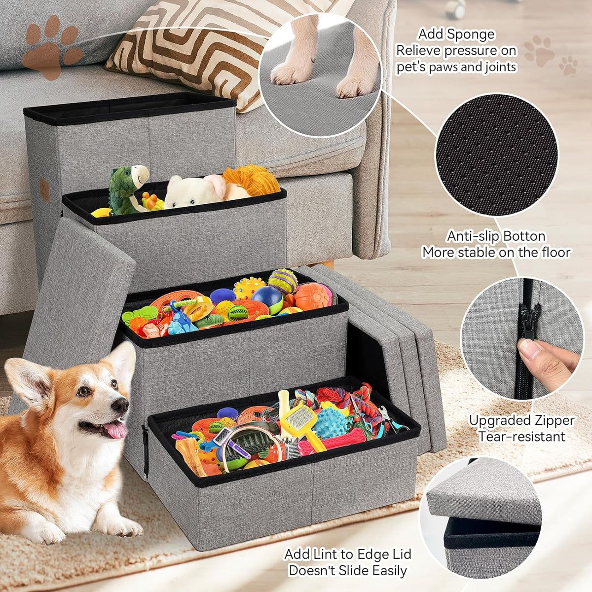 Dog Stairs 23" H, 4-Step Wider Dog Steps for High Beds Window, Folding Storage Pet Stairs Gift for
