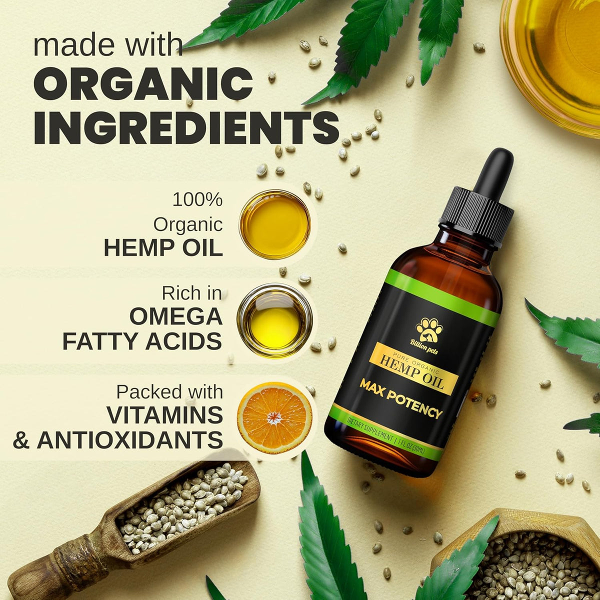 Billion Pets - Hemp Oil for Dogs and Cats - Helps with Anxiety, Pain, Stress, Sleep, Arthritis