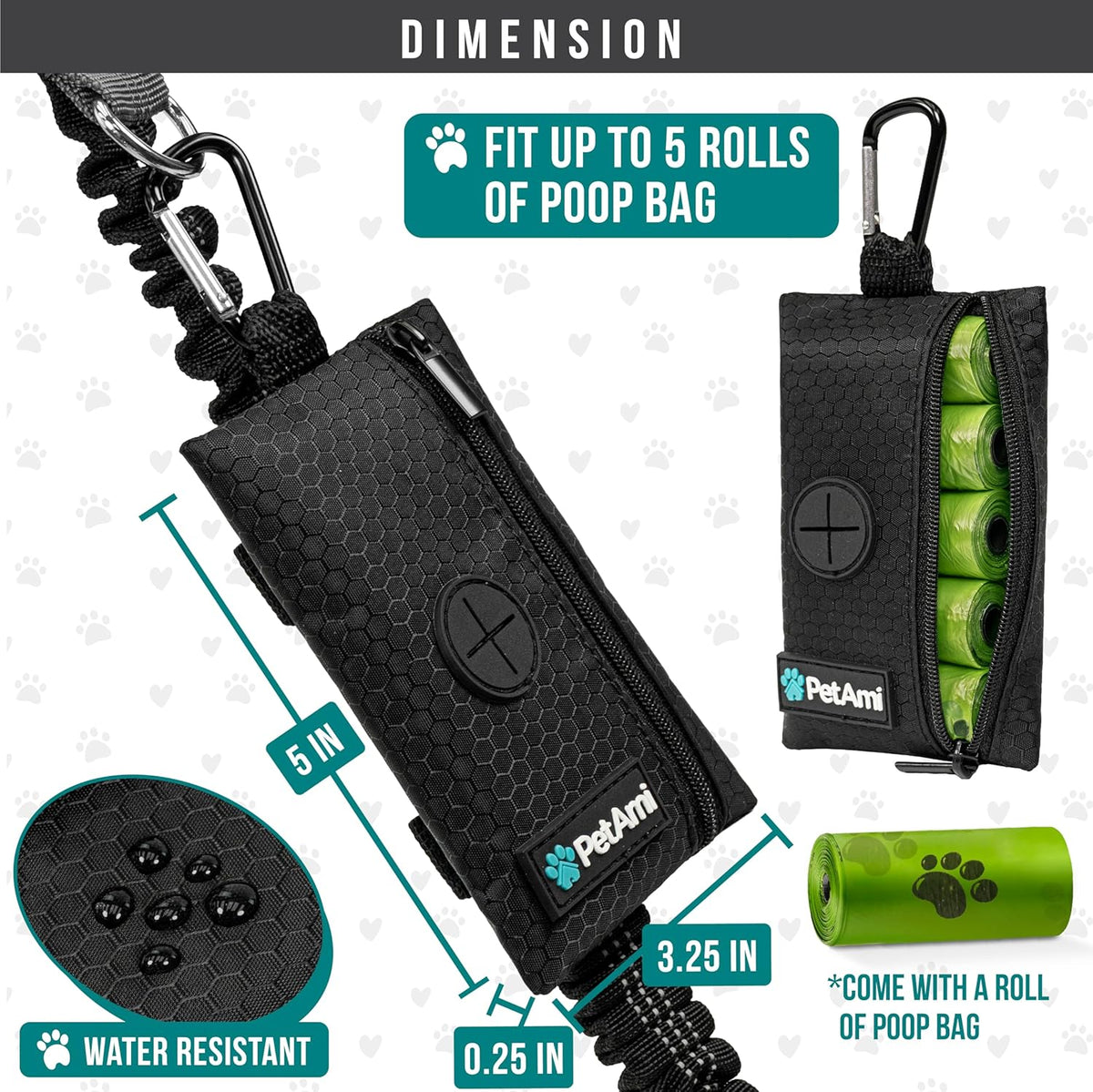 PetAmi Dog Poop Bag Holder for Leash, Dog Waste Bag Dispenser with Clip, Treat Pouch, Walking &