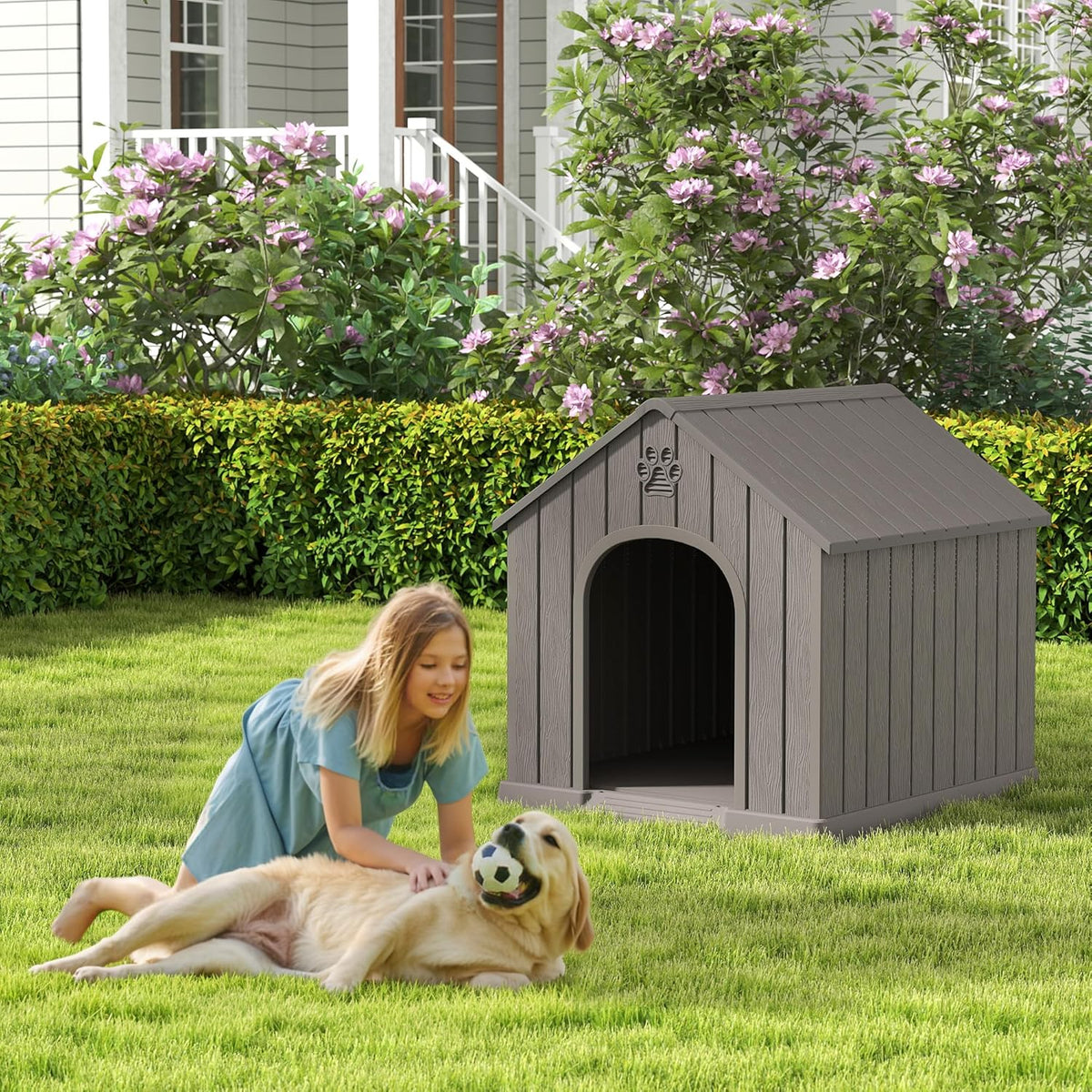 Large Dog House Outdoor Indoor for Medium Large Dogs, Durable Plastic Waterproof Doghouse with Air