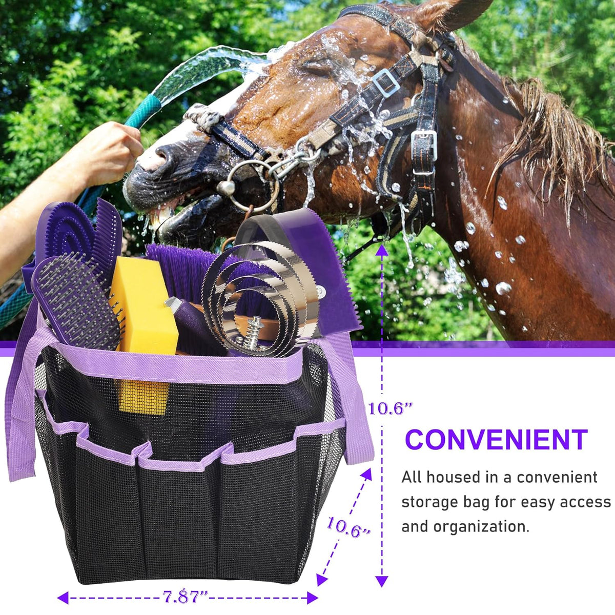 Horse Grooming Kit - 11 Piece Bathing Supplies with Organize Bag, Full Body Kit Including Sweat