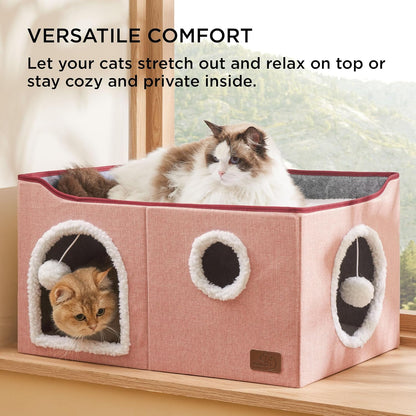 Bedsure Large Cat Beds for Indoor Cats - Extra Wide Cat Cube House for Small Pet with Fluffy Ball