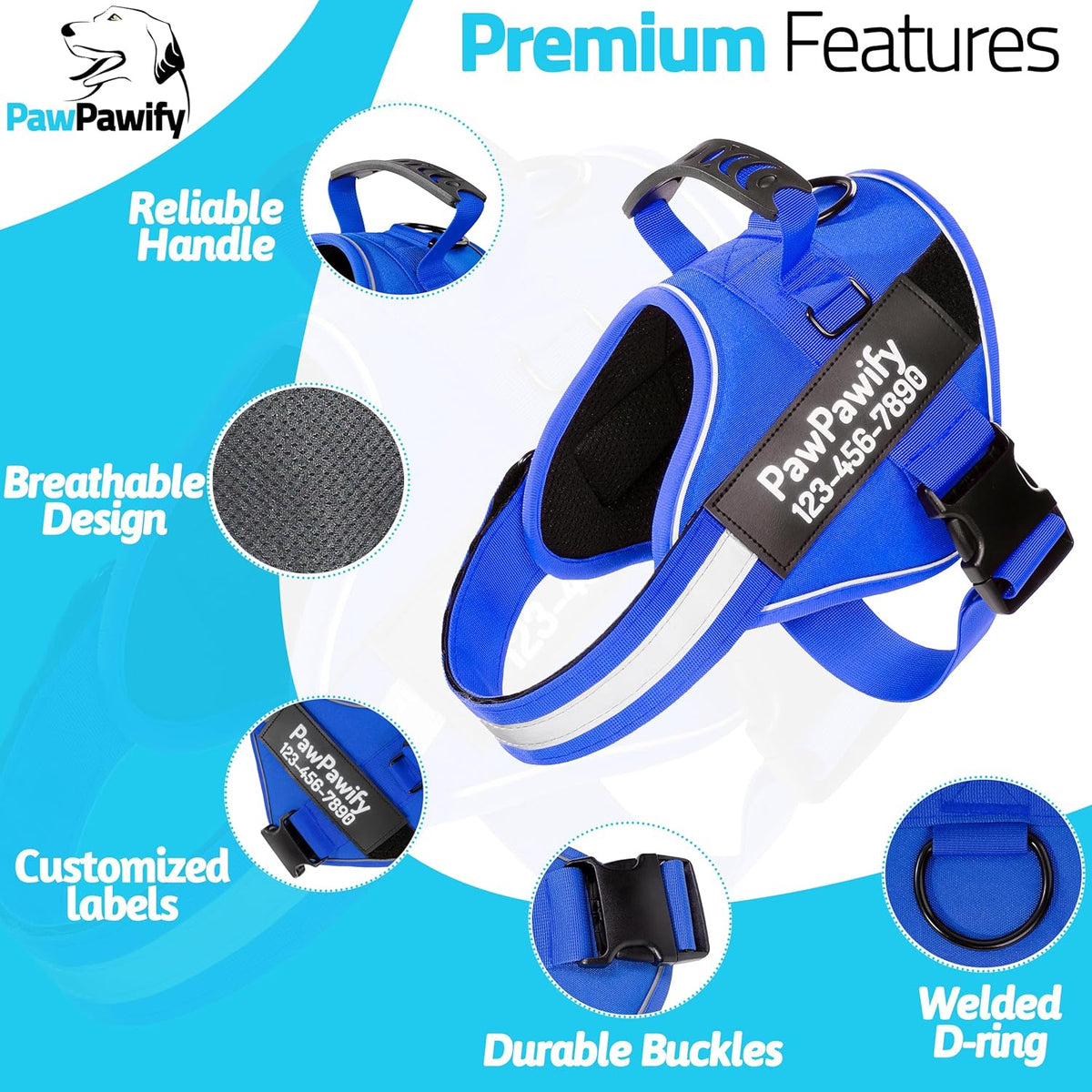 PawPawify Custom No Pull Dog Harness with Name and Phone Number, Heavy Duty Personalized Pet Vest