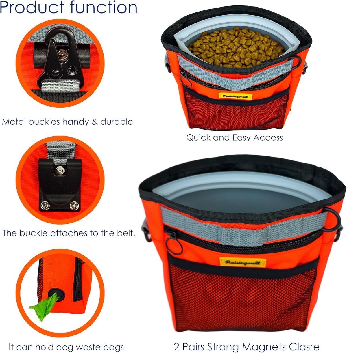 Dog Treat Pouch with Magnetic Closure 4-Cup Silicone Bag Fanny Pack Holder with Clicker 4 Ways to