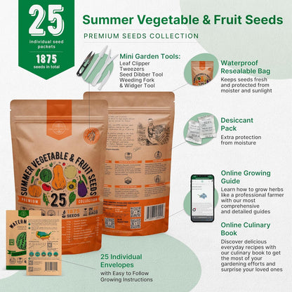 25 Summer Vegetable & Fruit Seeds Variety Pack - 1,870+ Non-GMO Heirloom Veggie & Fruits Seeds for