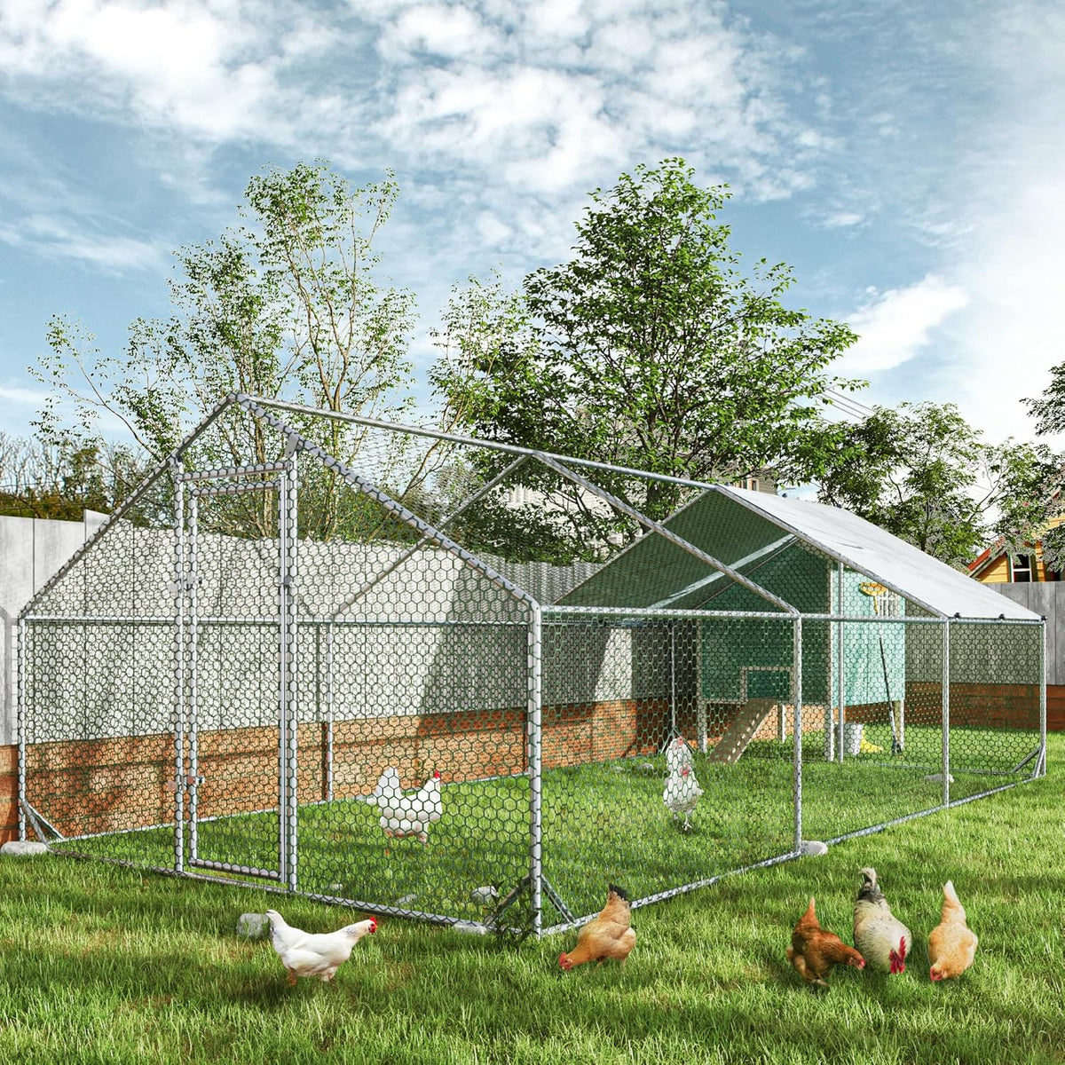 Large Metal Chicken Coop with Run Walk-in Poultry Cage Chicken Runs House Pen Cage Spire Roofed