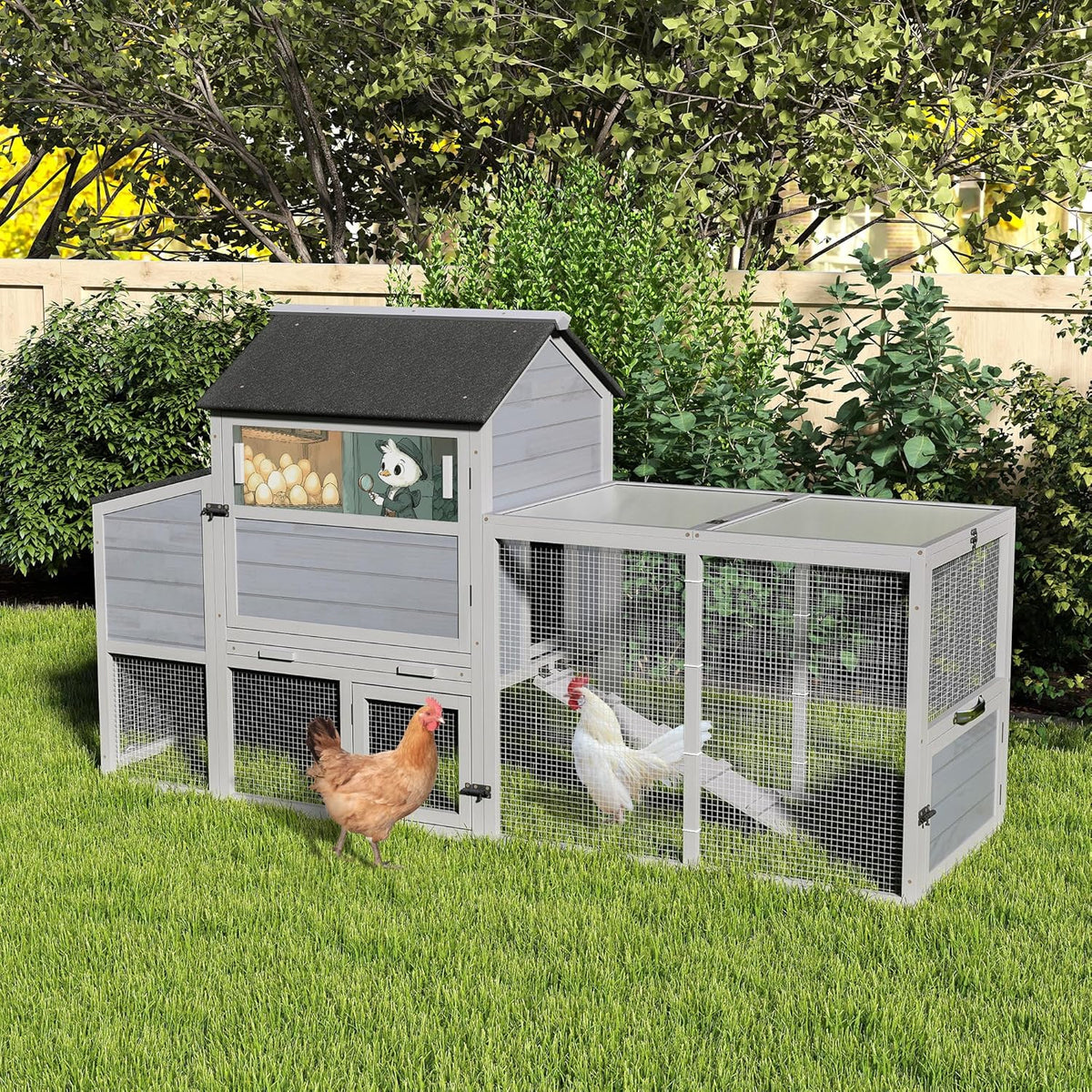 COZIWOW 82" Large Wooden Chicken Coop, Outdoor Rabbit Hutch with Wheels, Sunshine Board, Asphalt
