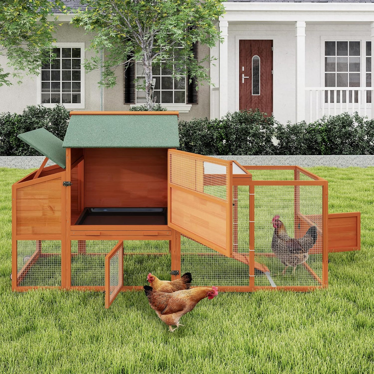 COZIWOW 82" Large Wooden Chicken Coop, Outdoor Rabbit Hutch with Wheels, Sunshine Board, Asphalt