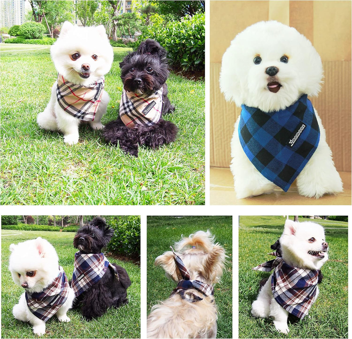 Adjustable Plaid Dog Bandanas,1PC Soft Washable Cotton Triangle Bib Kerchief Scarfs for Small