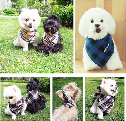 Adjustable Plaid Dog Bandanas,1PC Soft Washable Cotton Triangle Bib Kerchief Scarfs for Small