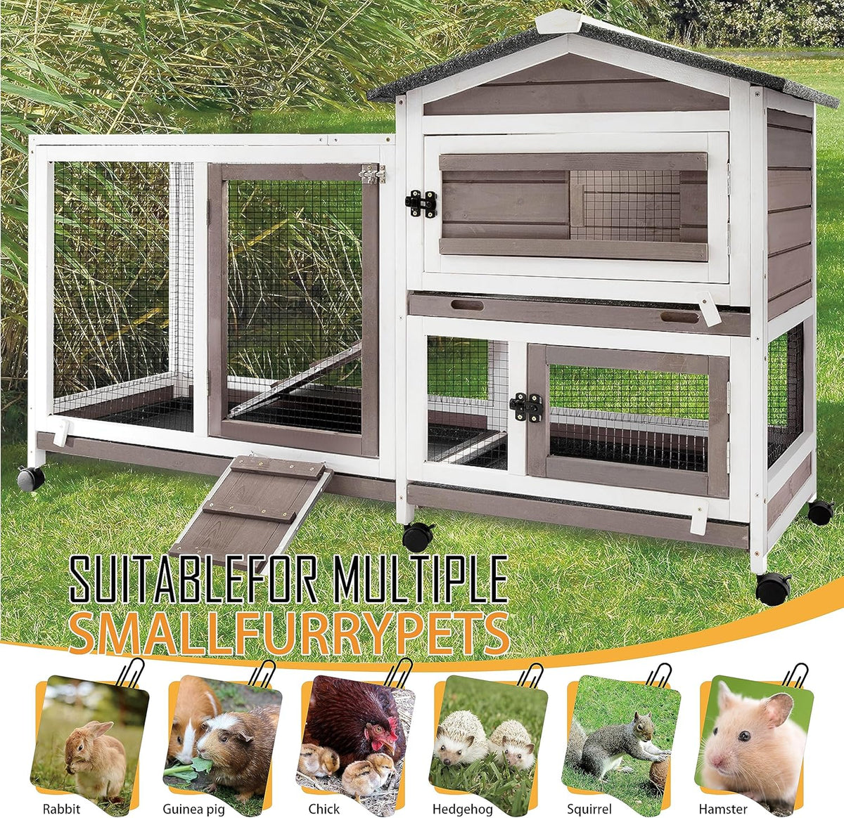 57" L Rabbit Hutch Indoor Outdoor 2 Story Large Bunny Hutch with Run Guinea Pig Cage Wooden Rabbit