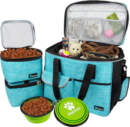 PetAmi Travel Bag Organizer - Dog & Cat Diaper Bag with Food Container and Bowls, Perfect for