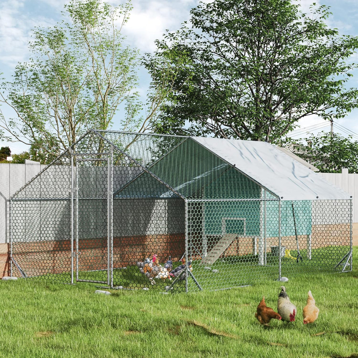 4ever2buy Large Metal Chicken Coop with Run Walk-in Poultry Cage Chicken Runs House Pen Cage Spire